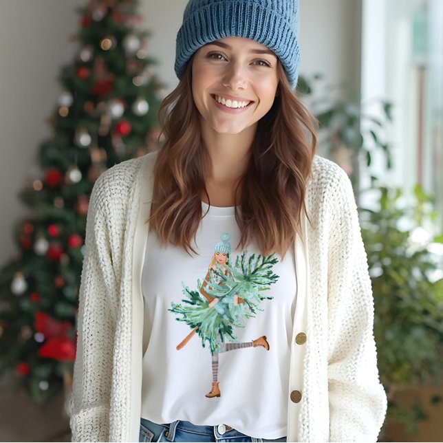 Watercolor Christmas Lovin' Girl Holding Pine Tree (Watercolor Christmas Lovin' Girl Holding Pine Tree Tri-Blend Shirt)