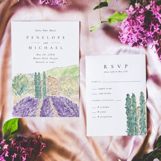 Watercolor Cypress Trees Wedding RSVP (Watercolor Lavender Fields destination wedding RSVP response card.)