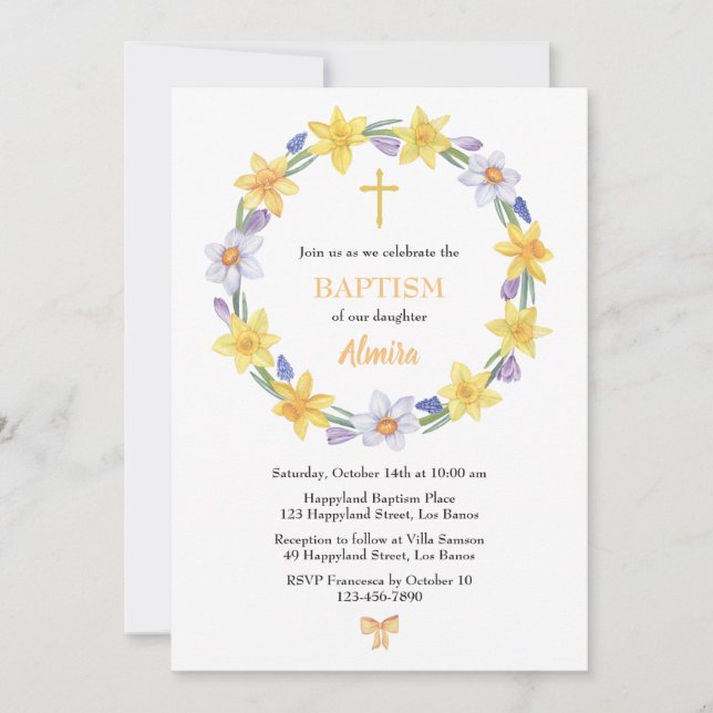 Watercolor Daffodil Wreath Baptism Convite (Frente)