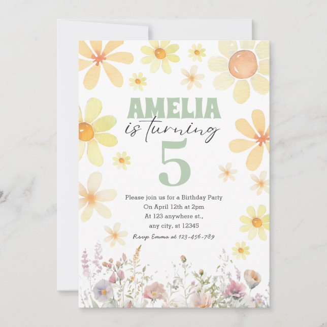 Watercolor Daisy Pastel Green Birthday Convite (Frente)