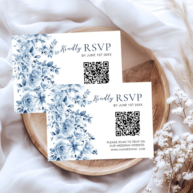 Watercolor Dusty Blue Floral Wedding RSVP QR Code (Criador carregado)