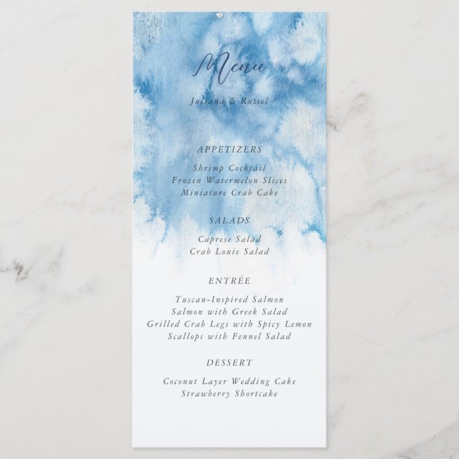 Watercolor Dusty Blue Winter Wedding Menu (Frente)