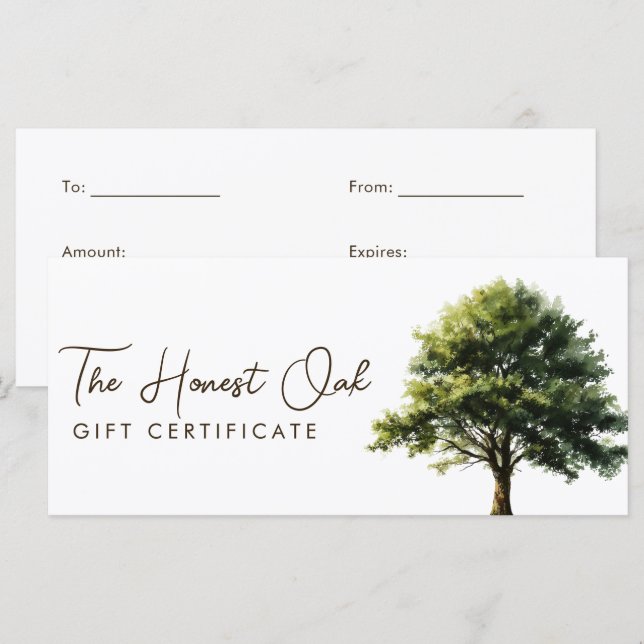 Watercolor Elegant Oak Tree Gift Certificate (Frente/Verso)