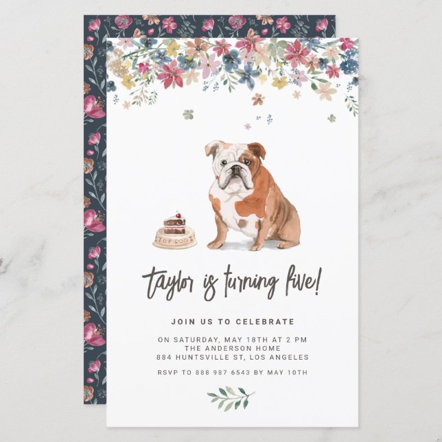 Watercolor English Bulldog Convite Birthday (Frente/Verso)
