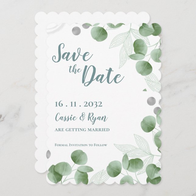 Watercolor Eucalyptus deixa casamento Salvar a dat (Frente/Verso)