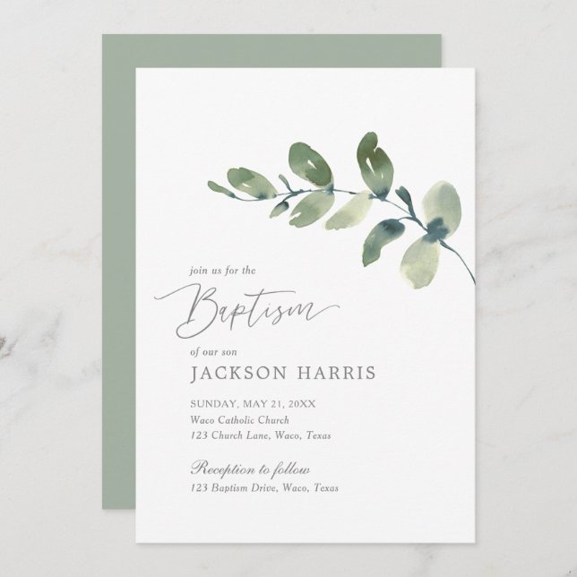 Watercolor Eucalyptus Greenery Baptism Convite (Frente/Verso)