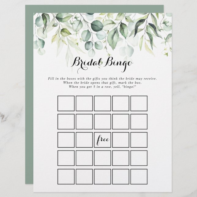 Watercolor Eucalyptus Greenery Bridal Bingo Game (Frente/Verso)