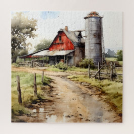 Watercolor Farmhouse com Silo Quebra-cabeça