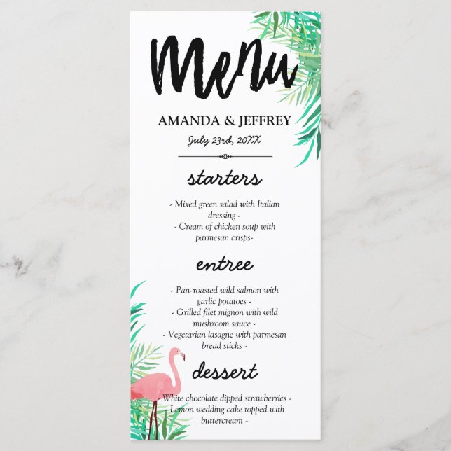 Watercolor Flamingo & Palm Leaves Menu de Casament (Frente)