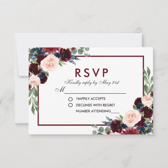 Watercolor Floral Blue Burgundy Casamento RSVP (Frente)