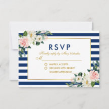 Watercolor Floral Blue Stripes Casamento RSVP