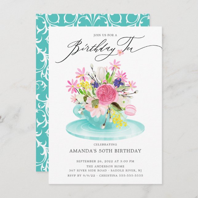 Watercolor Floral Buquê Birthday Tea Convite (Frente/Verso)