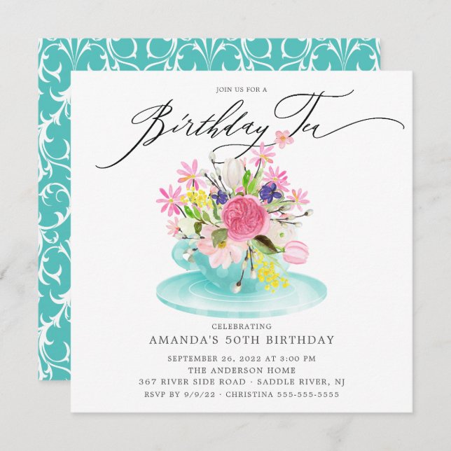Watercolor Floral Buquê Birthday Tea Convite (Frente/Verso)