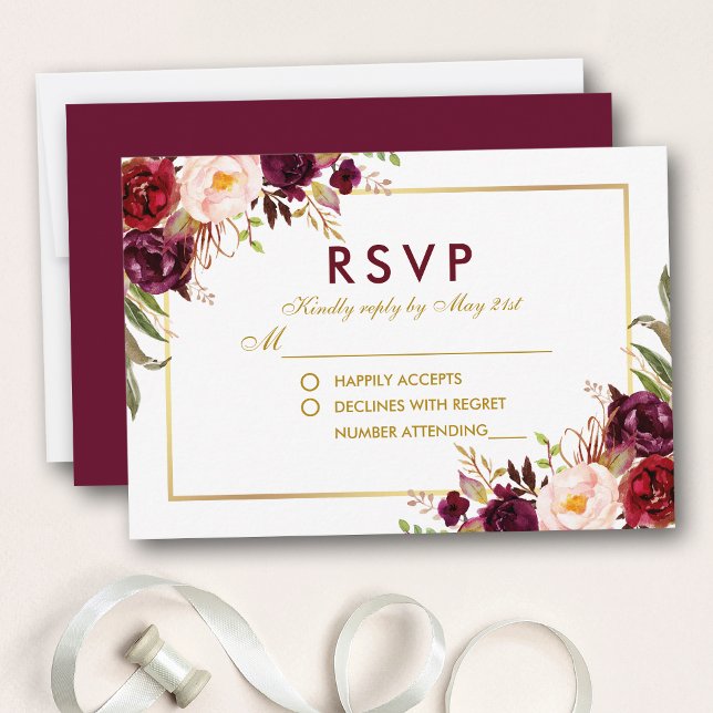 Watercolor Floral Burgundy Casamento Dourado RSVP  (Customize to change text color, style, add text & photos to back or change color of back of card.)