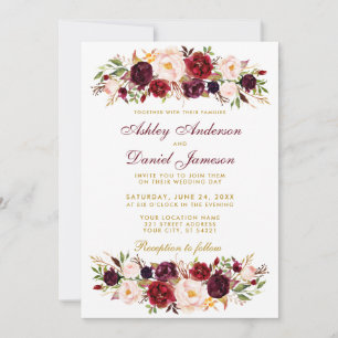 Watercolor Floral Burgundy Convite para Casamento 