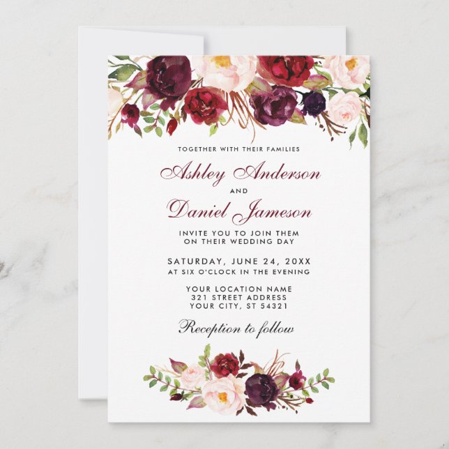 Watercolor Floral Burgundy Convite Para Casamento  (Frente)