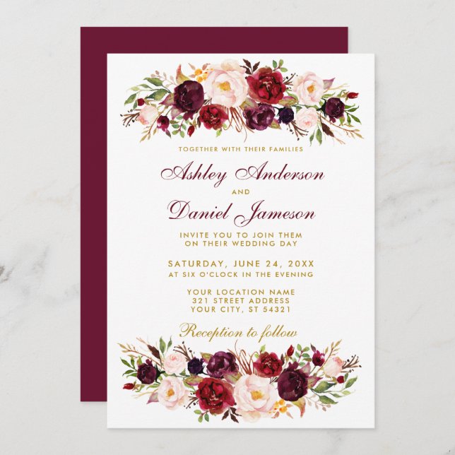 Watercolor Floral Burgundy Convite Para Casamento  (Frente/Verso)