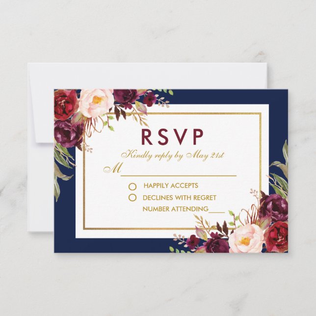Watercolor Floral Burgundy Dourado Blue Wedad RSVP (Frente)