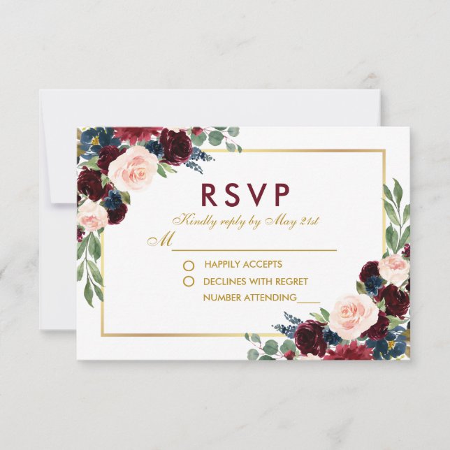 Watercolor Floral Burgundy Dourado Blue Wedad RSVP (Frente)