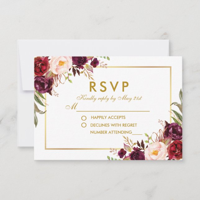 Watercolor Floral Burgundy Dourado Casamento RSVP (Frente)