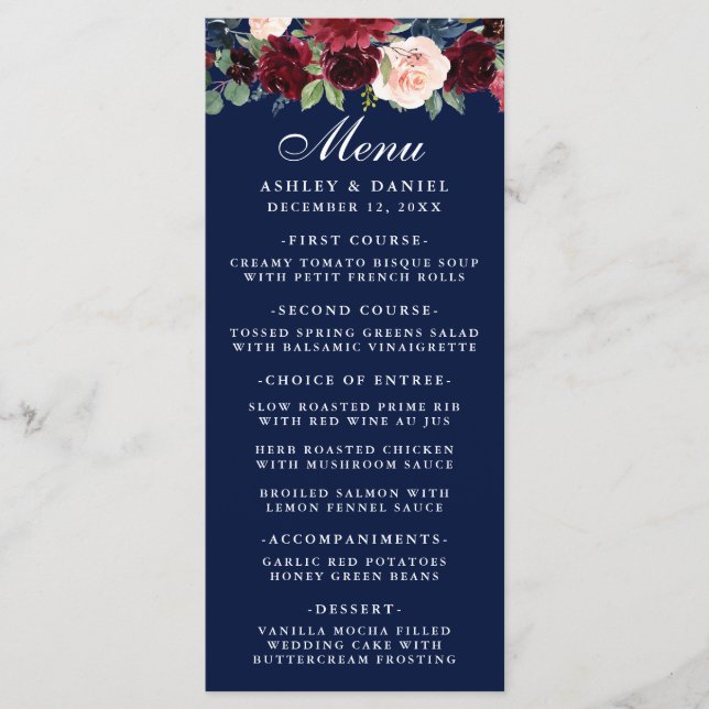Watercolor Floral Burgundy Menu Blue (Frente)