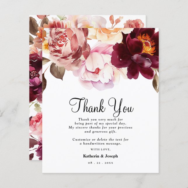 Watercolor Floral Burgundy Wedding Thank You Card (Frente/Verso)