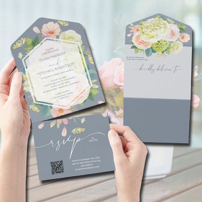 Watercolor Floral Dusty Blue Casamento Código QR (Criador carregado)