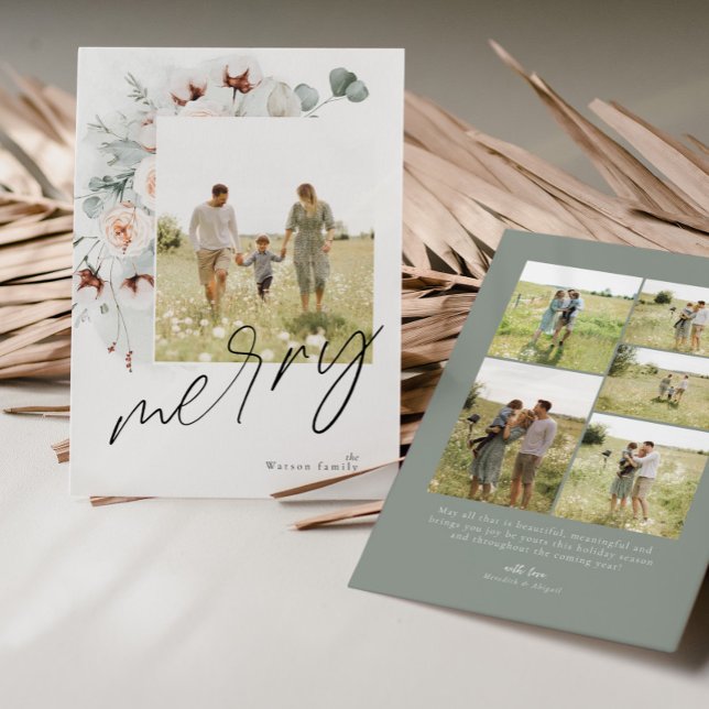 Watercolor Floral Felry Cartão com fotos de Natal (Criador carregado)