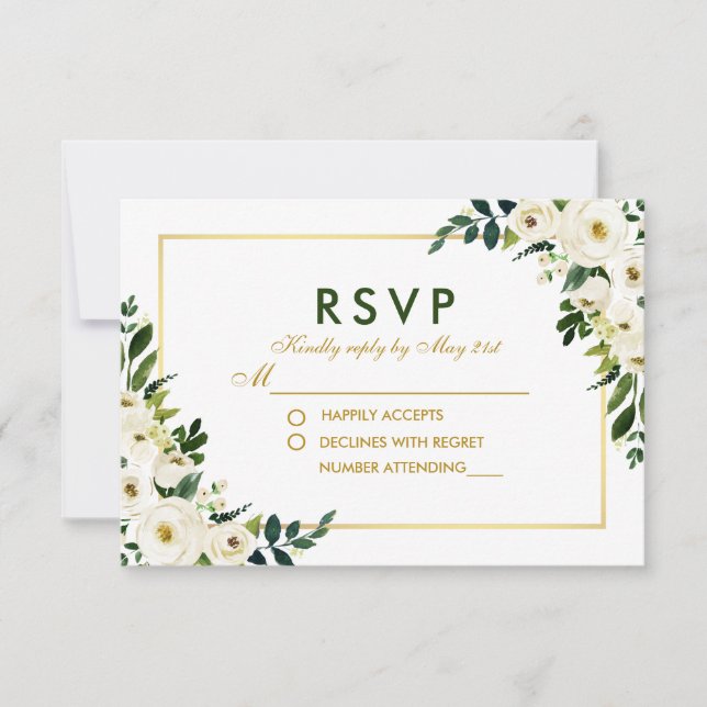 Watercolor Floral Green White Weding RSVP G (Frente)