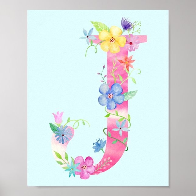 Watercolor Floral - Letra J Poster (Frente)