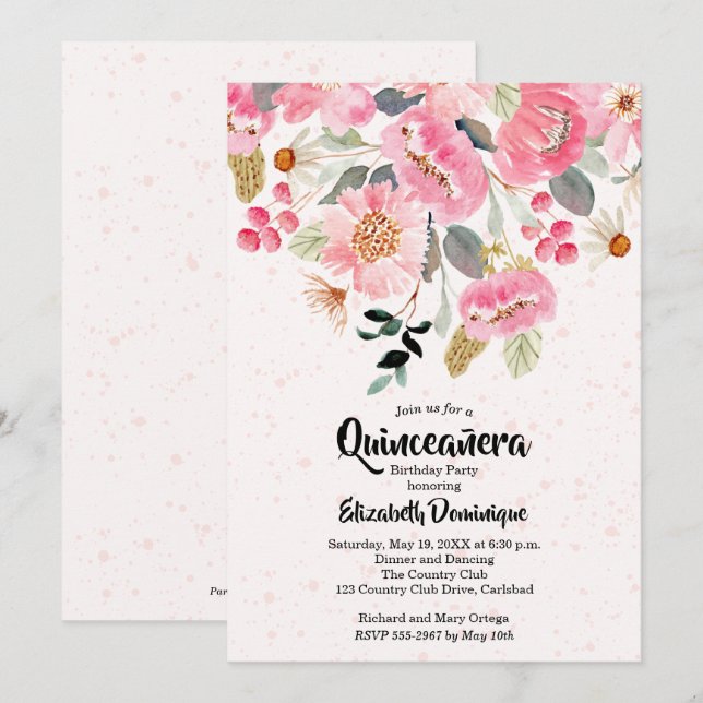 Watercolor Floral Quinceañera - Convites de Aniver (Frente/Verso)