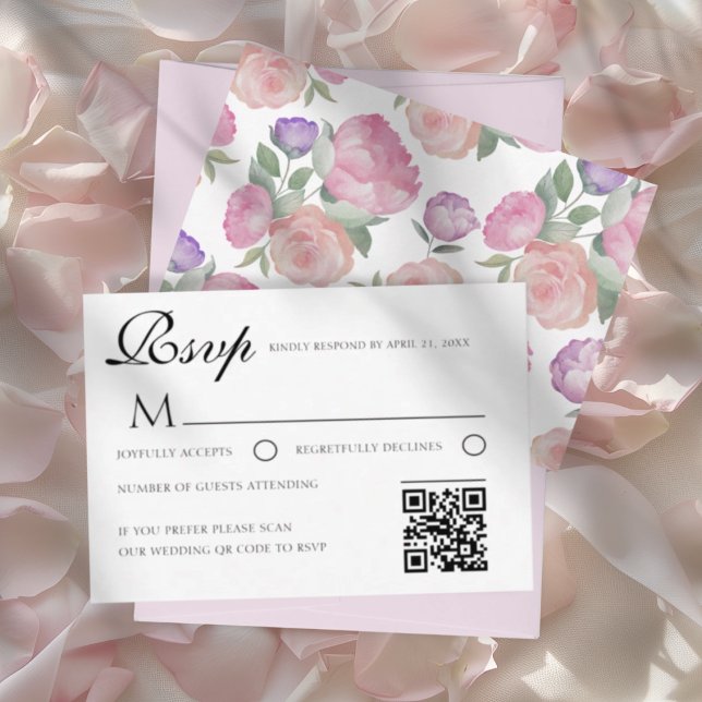 Watercolor Floral Wedding RSVP Card with QR Code (Criador carregado)