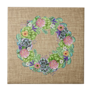 Watercolor Floral Wreath Suculta em Tan