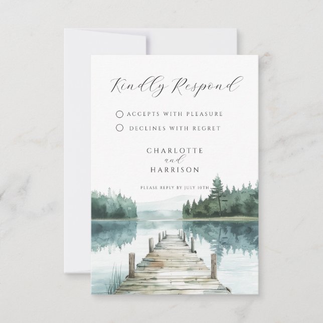 Watercolor Forest Mountain Lake Wedding RSVP (Frente)
