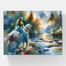 Watercolor Forest River Horsewoman Dreamscape