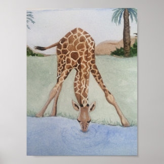 Watercolor Giraffe Bebendo Water Art Poster
