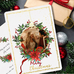 Watercolor Gold Foil Holly Wreath Photo Card 