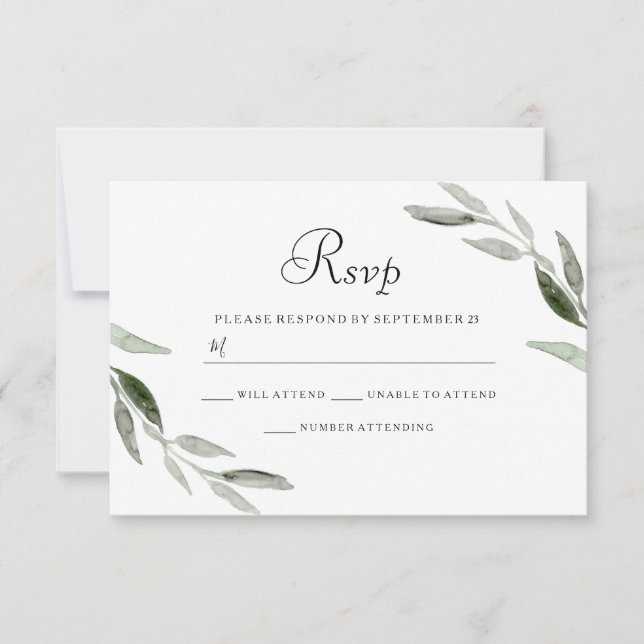 Watercolor Green Leaf Modern Wedn RSVP (Frente)