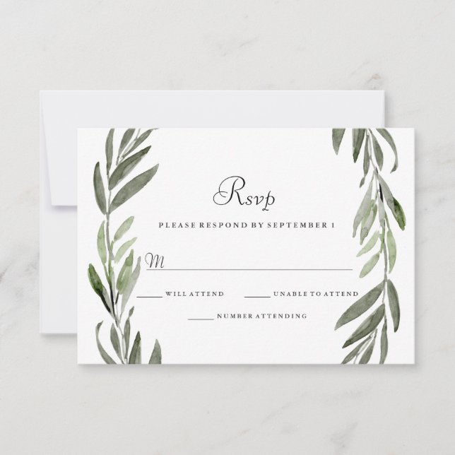 Watercolor Green Leaf Wreath Weding RSVP (Frente)