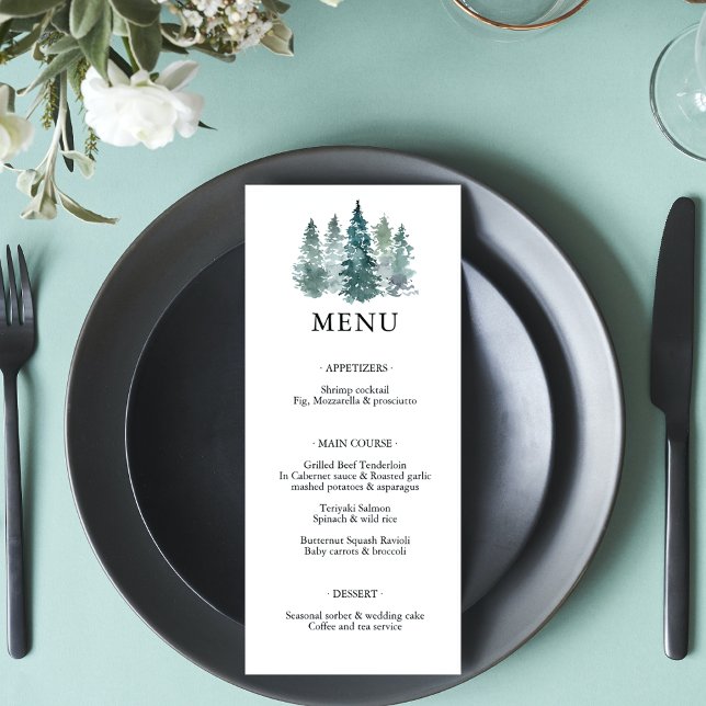 Watercolor Green Pine Spruce Trees Wedes MENU (Criador carregado)
