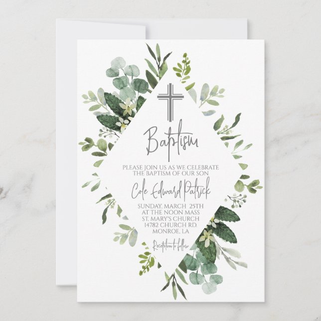 Watercolor Greenery Baptism Convite (Frente)