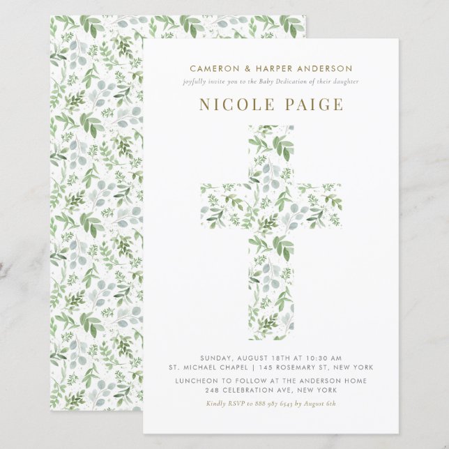 Watercolor Greenery Cross Baby Dedication Convite (Frente/Verso)