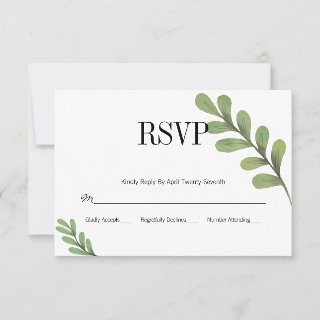 Watercolor Greenery deixa cartão RSVP de Casamento (Frente)