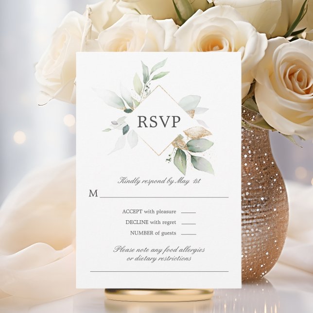 Watercolor Greenery Dourado Deixa Cartão RSVP Casa (Watercolor Greenery Gold Leaves Wedding RSVP Card)