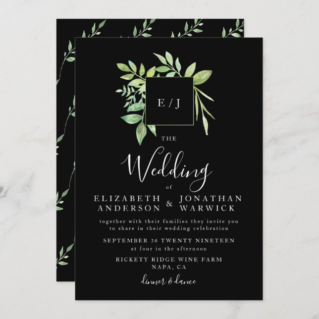 Watercolor Greenery Leaf Wreath Casamento Convite (Frente/Verso)