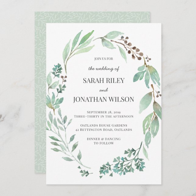 Watercolor Greenery Wreath Convite de casamento (Frente/Verso)