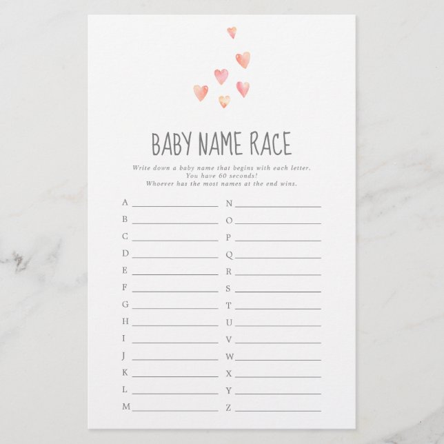 Watercolor Hearts Girl Baby Name Race Game (Frente)