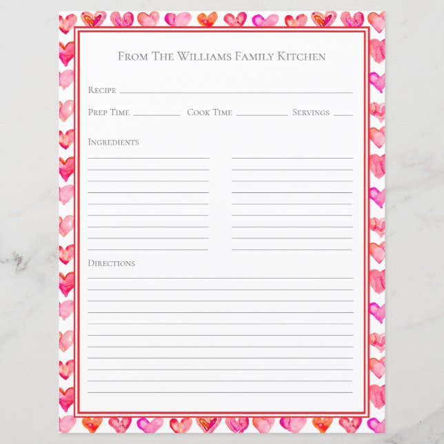 Watercolor Hearts Pink White Recipe Paper Sheet (Frente)