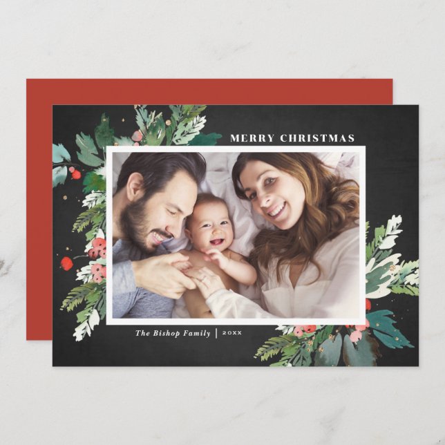 Watercolor Hollies Chalkboard Botanical Photo (Frente/Verso)