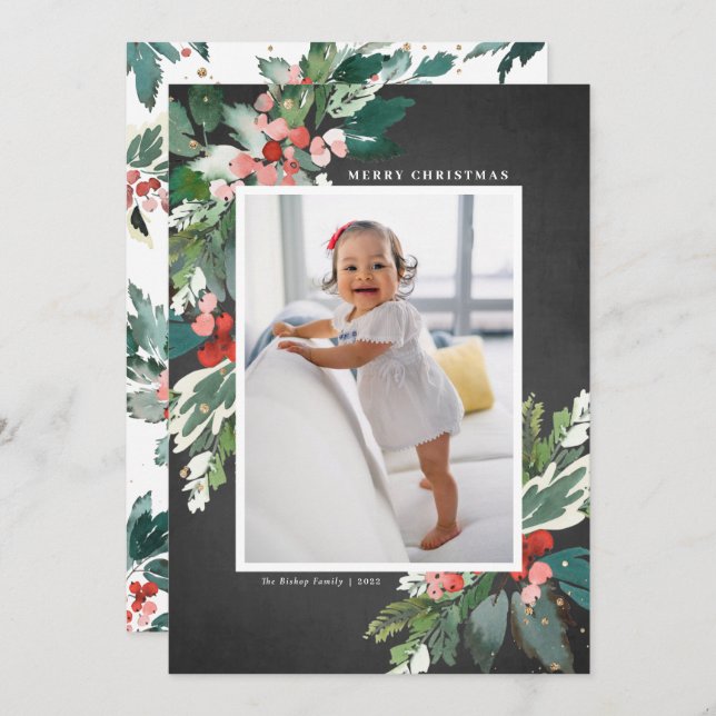 Watercolor Hollies Chalkboard Feliz Natal (Frente/Verso)